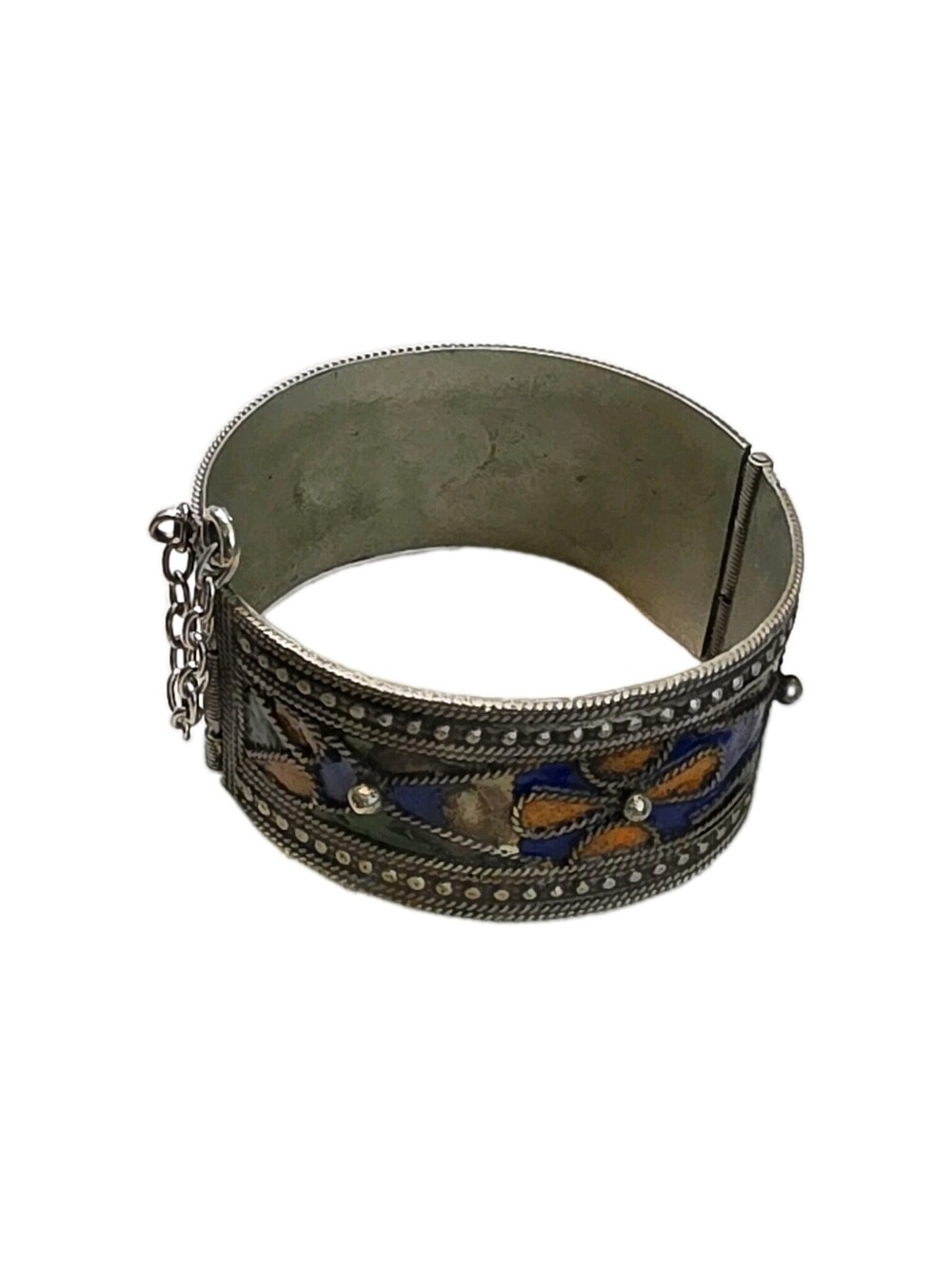 Moroccan Enamel Hinged Bracelet Cuff Silverstone 7.5 Vintage